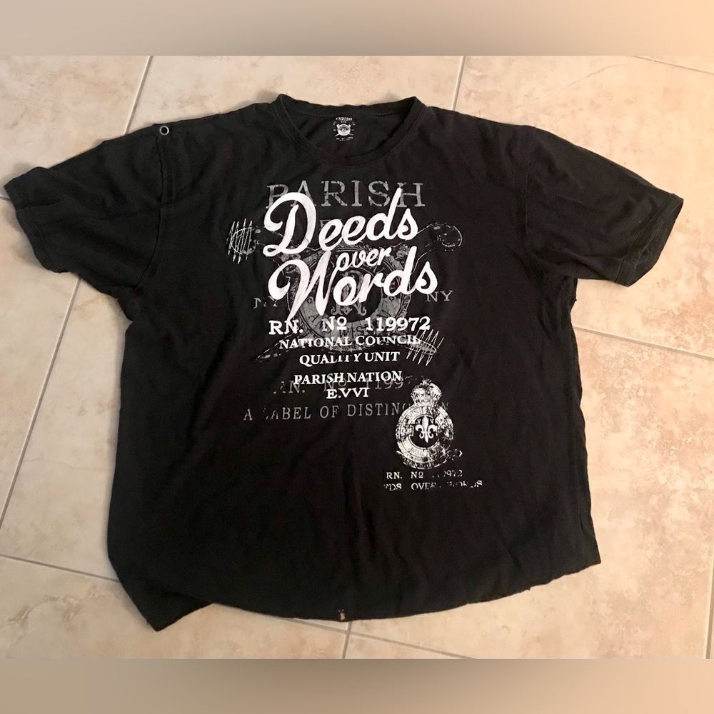 Parish Embroidered Deeds over Words Graphic tee